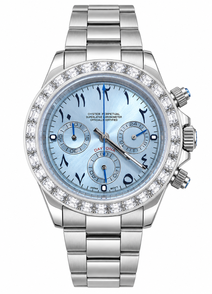 Daytona Platinum Blue Baguette Arabic Inspired Watch